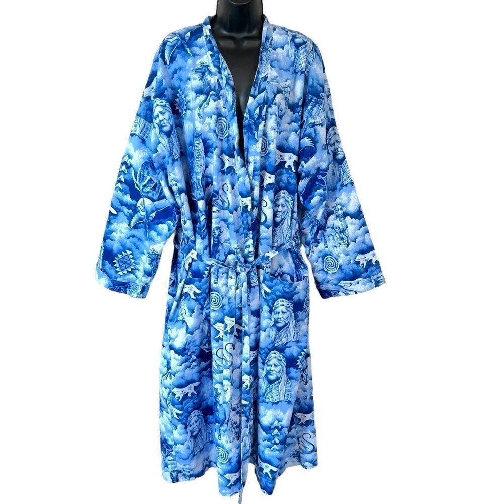 Native Legacy American Springs Cotton Blue Wolf Spirit Horse Petroglyph Kimono